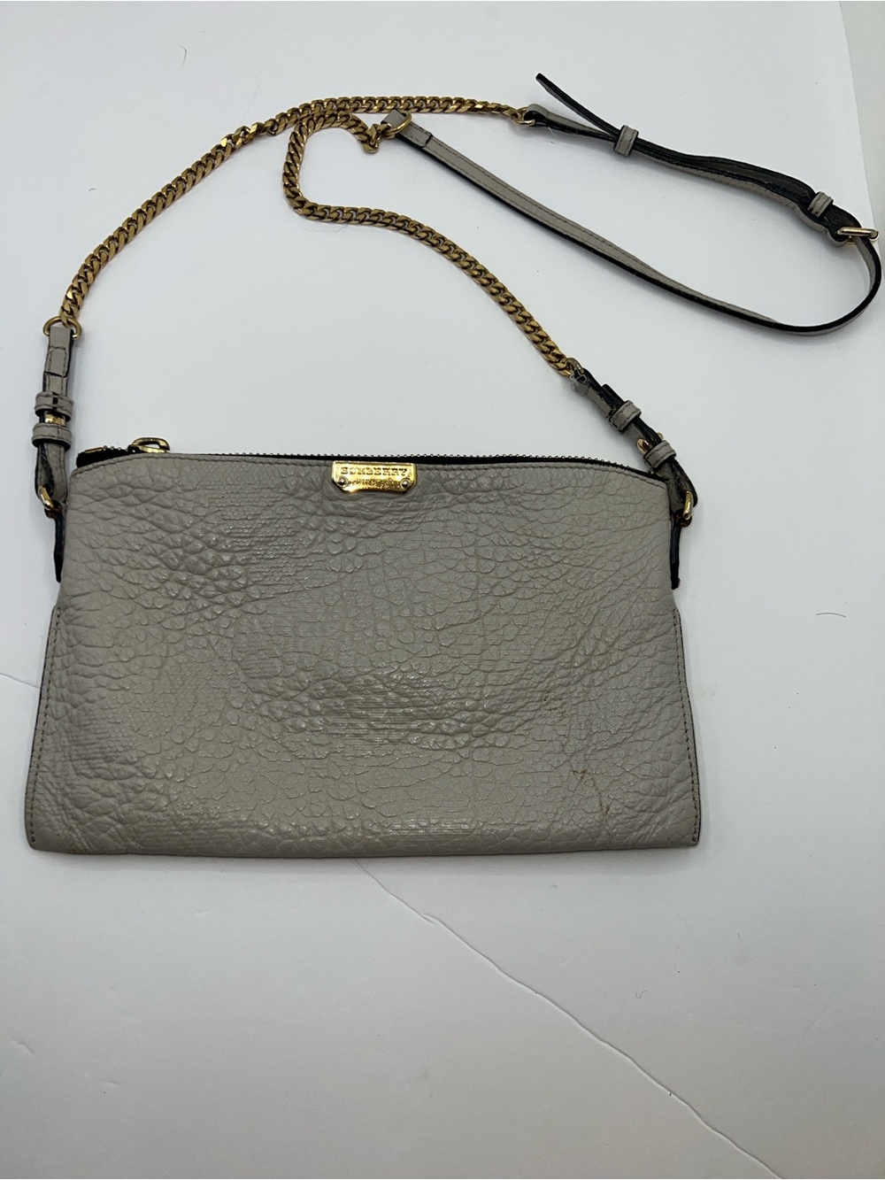 Burberry Pebbled Leather Crossbody in Gray with Gold Chain